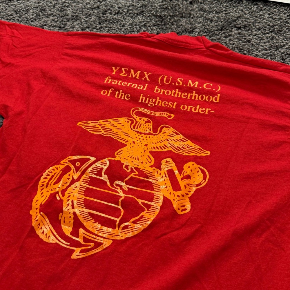 Vintage USMC T-Shirt Men Red Excellent Fraternal Brotherhood Single Stitch L